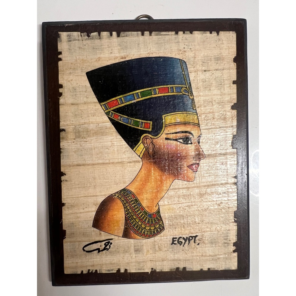 Vintage Egyptian Papyrus Art Queen Nefertiti Hand Painted Wood Plaque 5x6.5